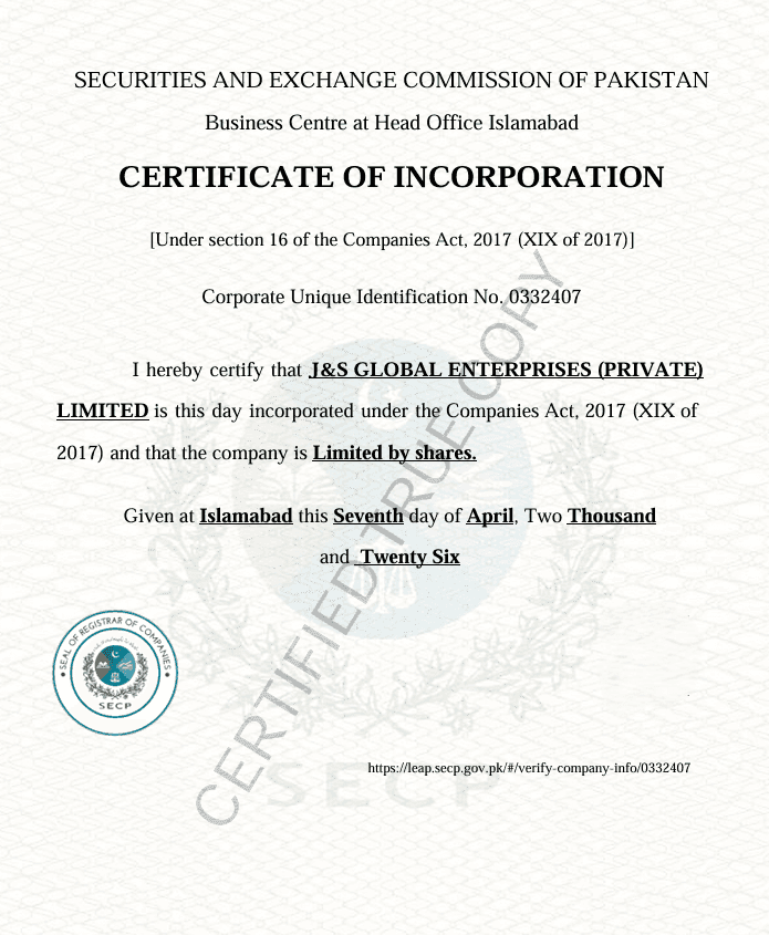 Certificate of Incorporation - J&S Global Enterprises
